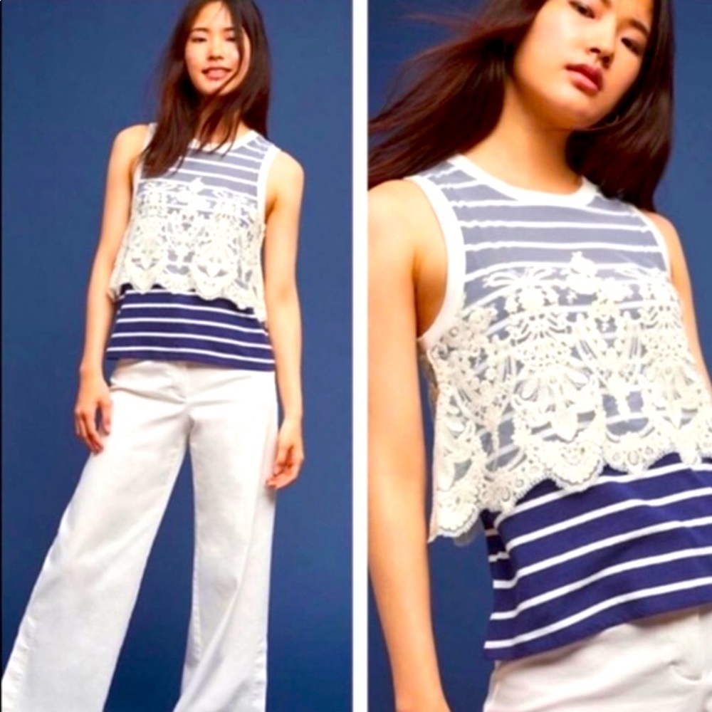 Anthropologie Natique Layered Lace Striped Top